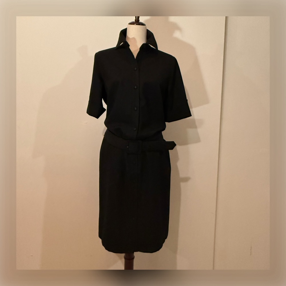 ANN TAYLOR Black Short Sleeve A-line Button up Shirtdress Fabric-covered Belt